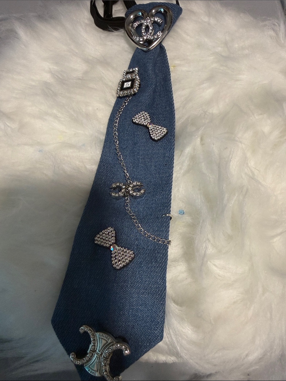Rhinestone Embellished Denim Hair Tie Band - Blue